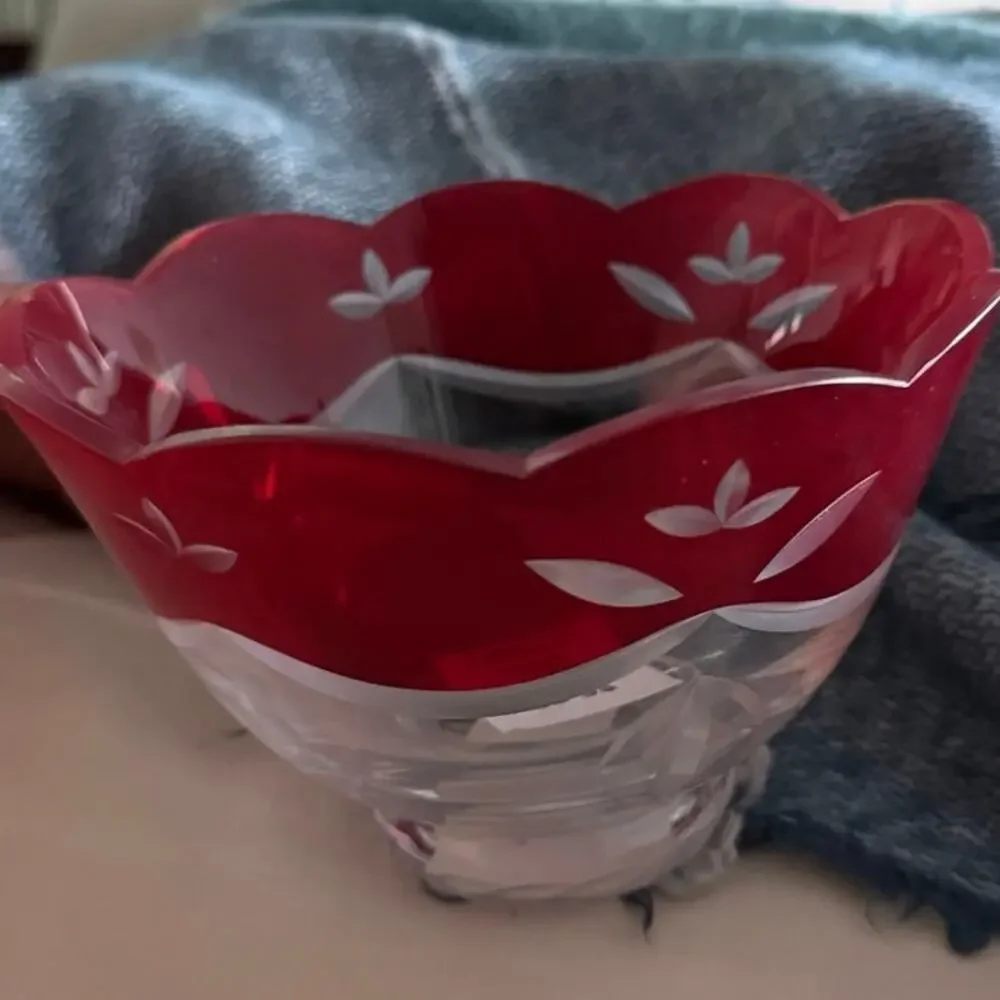 Lenox Ruby Red Hand Painted Crystal Glass Bowl Scalloped Edge Made in Romania